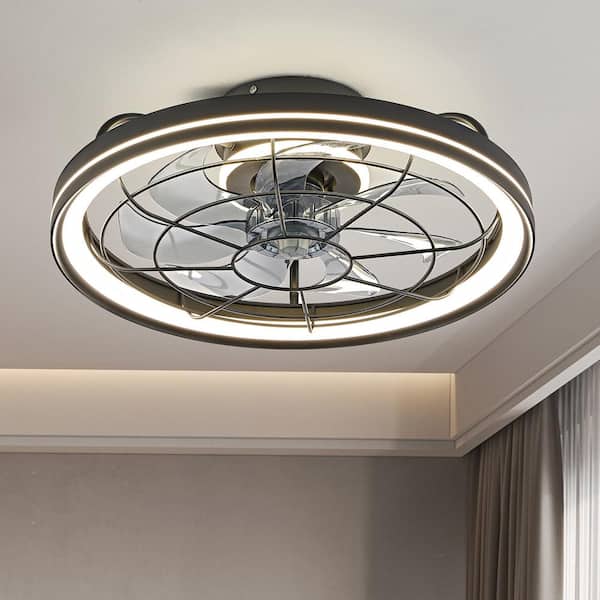 19 in. Indoor Black Caged Ceiling Fan with Integrated LED Light Modern Farmhouse Flush Mount Ceiling Fan