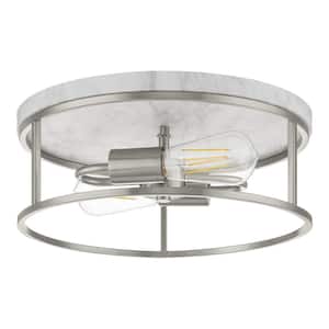 Cogburn 13 in. 2-Light Brushed Nickel with White Marbled Base Flush Mount
