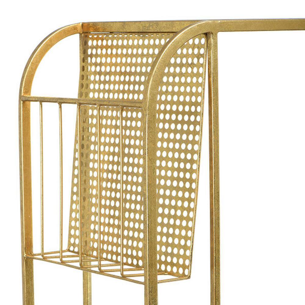 Gold Mirrored Metal Side Table with Magazine Rack, 27.5"