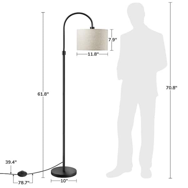 61.8 in. Black 1-Light Arc Floor Lamp for Bed Room with Fabric Drum Shade