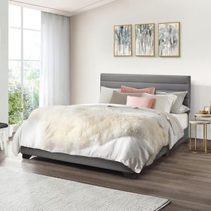 Edie Queen Upholstered Bed with Panel Headboard, Charcoal Gray