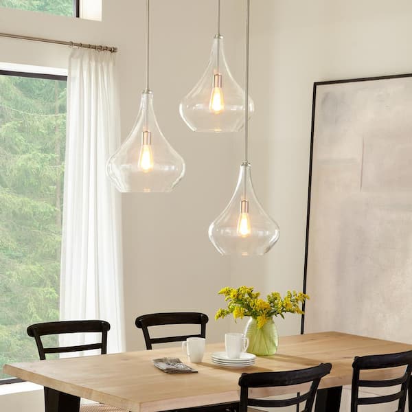 Mora 13 in. W x 17 in. H 1-Light Clear Glass Teardrop Modern Pendant with Brushed Nickel Accents and Vintage Edison Bulb