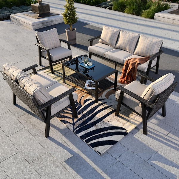 XIZZI Xavier Gray 5-Piece Wicker Outdoor Patio Conversation Seating Sofa Set and Loveseat with Beige Cushions