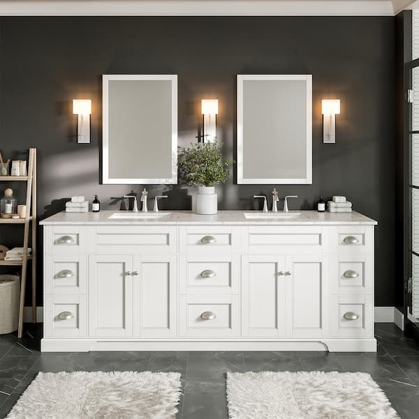 Eviva Epic 84 in. W x 22 in. D x 34 in. H Double Bathroom Vanity in White with White Quartz Top with White Sinks