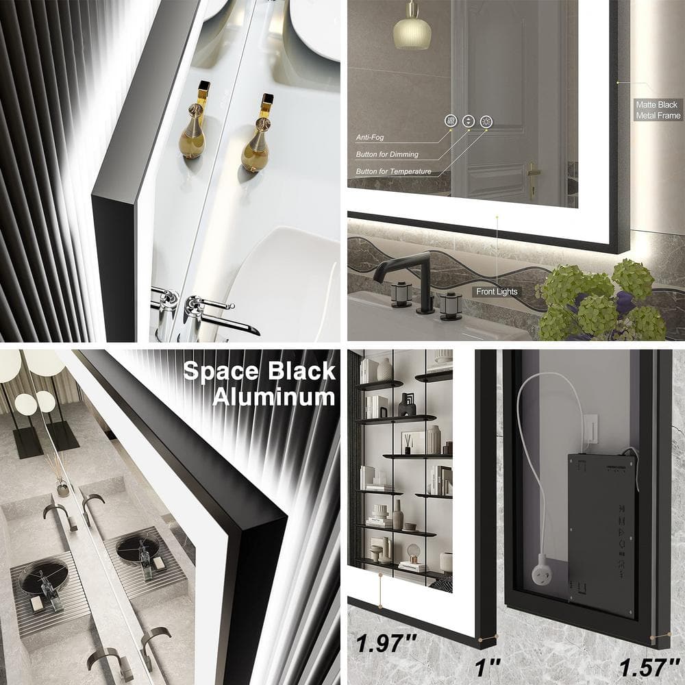 Matte Black LED Lighted Anti-Fog Tempered Glass Vanity Mirror, 60" x 28"