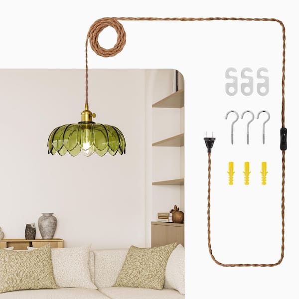 Modern 1-Light Green Plug-In Mid-Century Hanging Pendant Light with Ribbed Flower Glass Shade Kitchen Island Chandelier