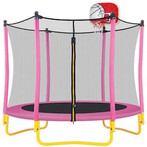 65 Inch Pink Toddlers Trampoline With Enclosure, Basketball Hoop and Ball , Indoor & Outdoor Mini Trampoline for Kids