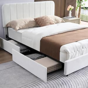 Upholstered Bed White Metal Frame Full Size Platform Bed with 4-Storage Drawers and Headboard, Wooden Slats Support