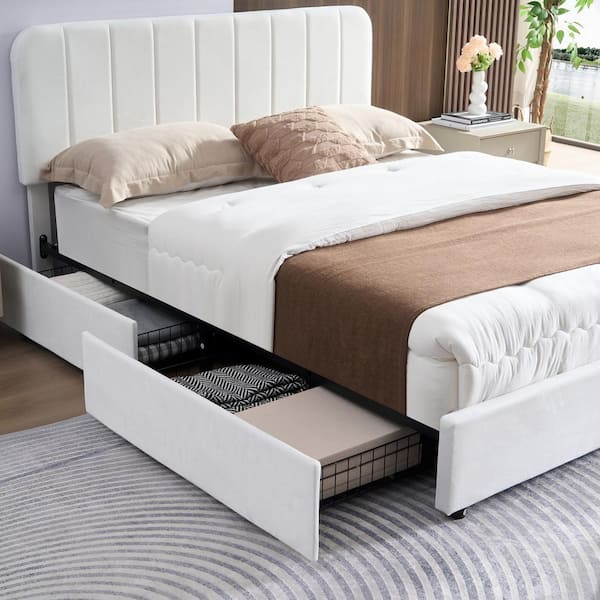 Upholstered Bed White Metal Frame Full Size Platform Bed with 4-Storage Drawers and Headboard, Wooden Slats Support