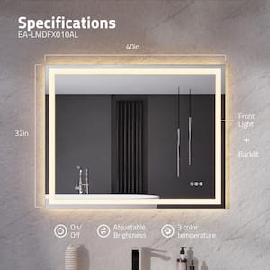 32 in. W x 40 in. H Rectangular Frameless LED Front Lighting Wall Mounted Bathroom Vanity Mirror with Defogger