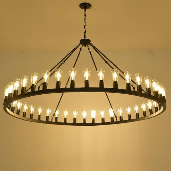 64 in. Black Wagon Wheel Chandelier, 42-Lights Ceiling Pendant Light Adjustable Chain, for Dining Room, Living Room