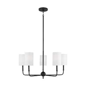 Foxdale 5-Light Midnight Black Chandelier with LED Bulbs and White Linen Fabric Shades