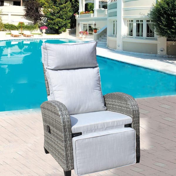 Wicker Outdoor All Weather Recliner Chair with Adjustable Backrest and Gray Cushion