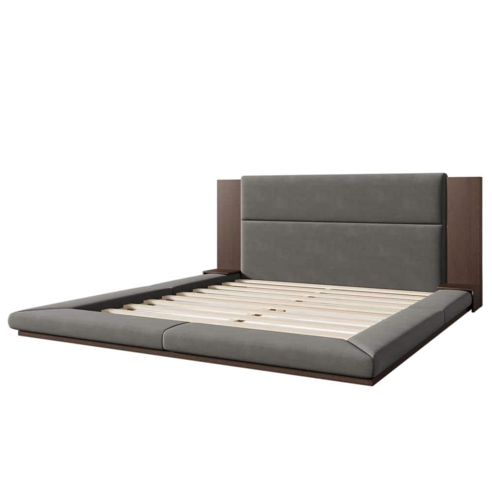 Gray Wood Frame King Size Velvet Upholstered Platform Bed Floor Bed with Extended Wood Headboard, Bedside Shelf - thumbnail 7