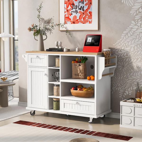 Cesicia White Rubber Wood Top 50.8 In. W Kitchen Island On 5 Wheels ...