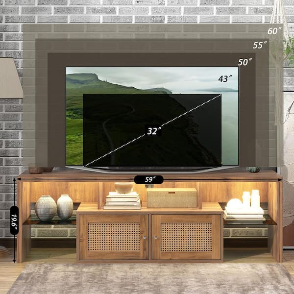 59 in. Yellow Wood TV cabinet TV Console table with Doors, Removable Glass  shelves and LED light Fits TV's up to 60 in.