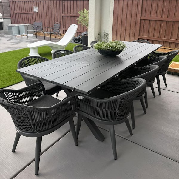 11 Piece Aluminum All-Weather PE Rattan Rectangular Outdoor Dining Set with Cushion, Grey