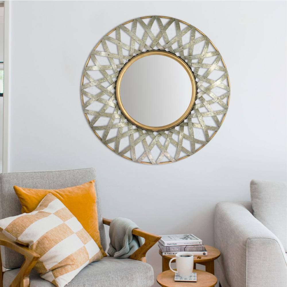 Round Gold and Silver Criss-Cross Metal Wall Mirror