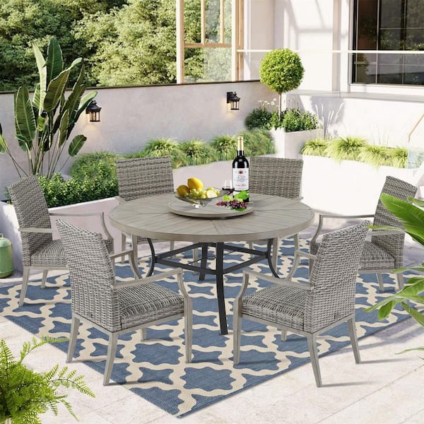 Allure 7-Piece Wicker Outdoor Dining Set, Dining Armchairs and Round Dining Table with Lazy Susan