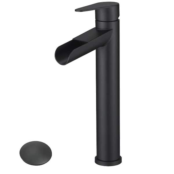 Single Handle Waterfall Vessel Bathroom Sink Faucet with Pop-Up Drain Modern Stainless Steel High Tall Taps Matte Black