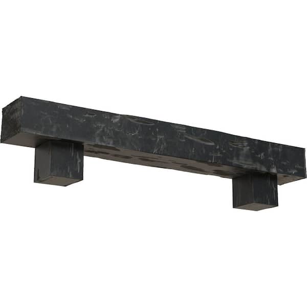 Ekena Millwork 8 in. x 12 in. x 4 ft. Pecky Cypress Faux Wood Fireplace Mantel Kit with Alamo Corbels, Aged Ash