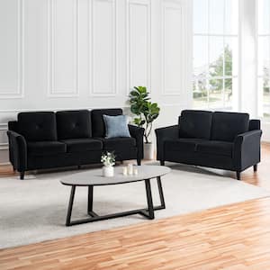 79.92 in. Button Tufted Square Arm Microfiber Rectangle Sofa Affordable Sofa Loveseat and Sofa Living Room Suite Black