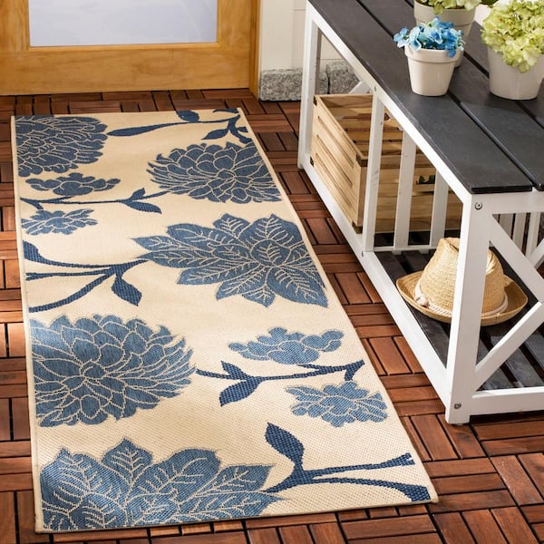 Courtyard Beige/Blue 2 ft. x 12 ft. Floral Scroll Indoor/Outdoor Patio  Runner Rug