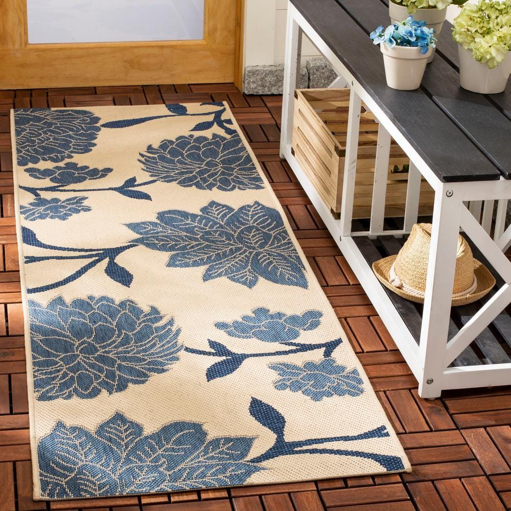 Beige and Blue Floral Synthetic Indoor/Outdoor Runner Rug