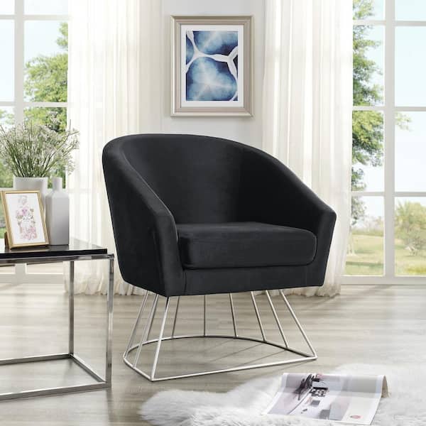 Inspired Home Esmeralda Velvet Black/Silver Modern Contemporary Barrel Accent Chair with Metal Base