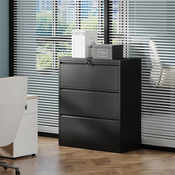 3-Drawer Black Metal 35.4 in. W Lateral File Cabinet for Home Office