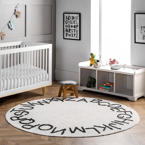Kids Washable Round Alphabet Ivory 4 ft. x 4 ft. Indoor Area Rug