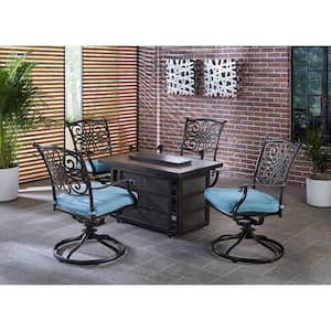 Traditions 5-Piece Aluminum Patio Seating Set with Blue Cushions, Fire Pit Table and 4 Swivel Rockers