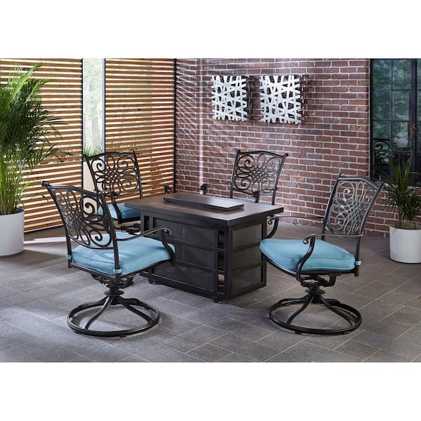 Hanover Traditions 5-Piece Aluminum Patio Seating Set with Blue Cushions, Fire Pit Table and 4 Swivel Rockers