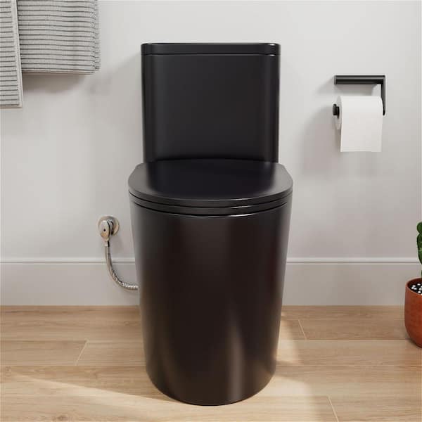 One-piece 1.1 GPF/1.6 GPF Dual Flush Elongated Toilet in Black Slow-Close, Seat Included