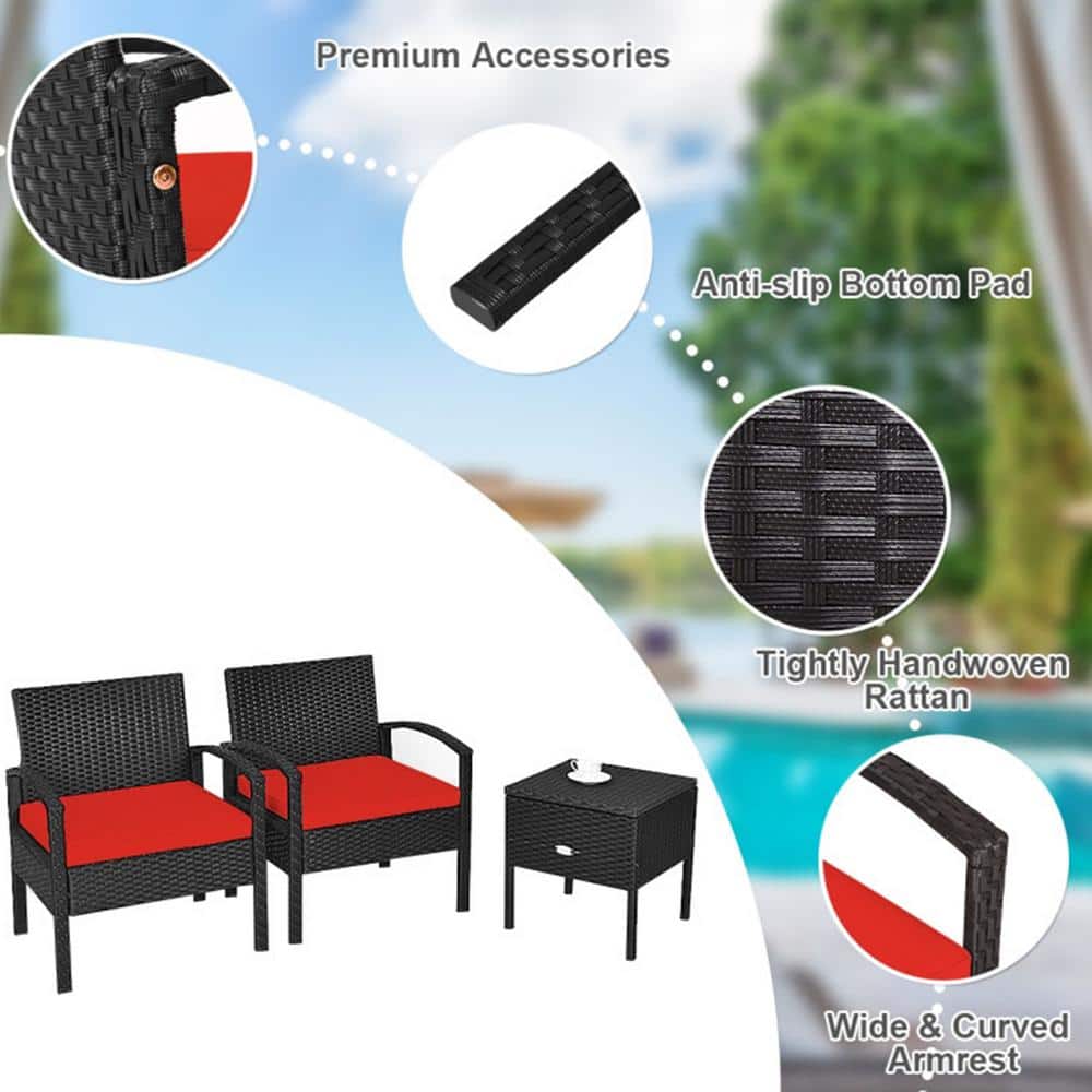 Red Cushioned Black Rattan 2-Person Patio Conversation Set