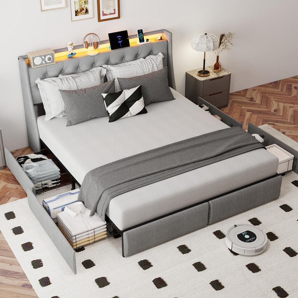Gray Metal Frame Full Size Platform Bed with Storage Upholstered Headboard, 4 Drawers, LED Light, Charging Station price history on PriceWatchPro