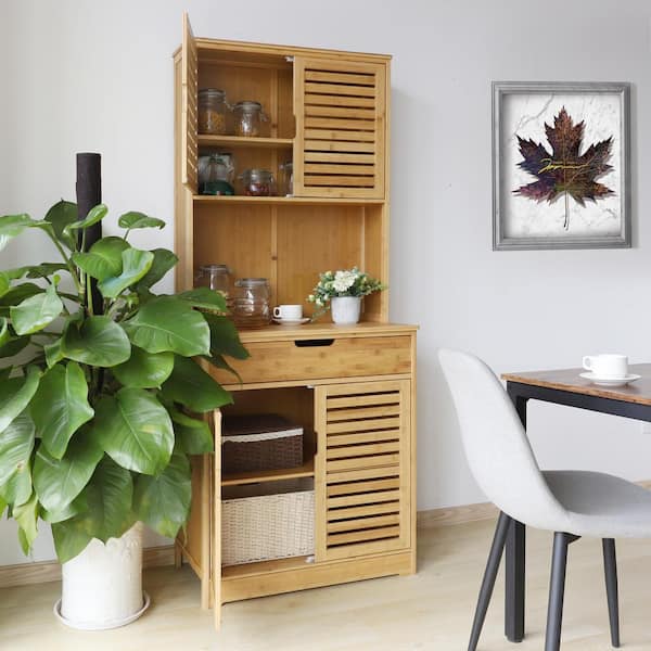 VEIKOUS Wood Color Natural Bamboo Kitchen Pantry Cabinet Storage with Buffet Cupboard and Microwave Stand, Light Wood