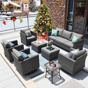 Megon Holly Gray 8-Piece Wicker Patio Conversation Seating Sofa Set with Dark Gray Cushions and Swivel Rocking Chairs