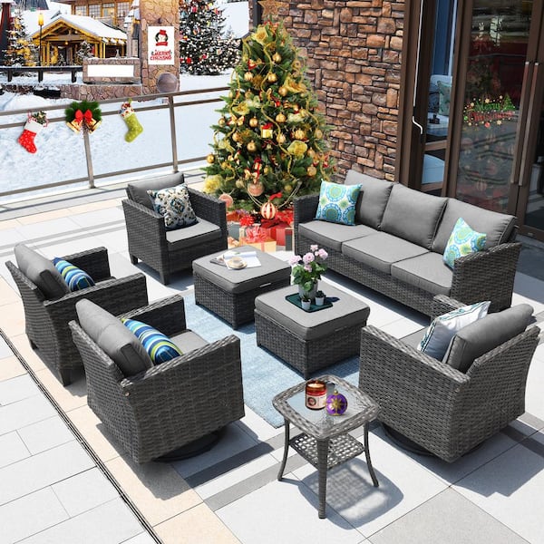 XIZZI Megon Holly Gray 8-Piece Wicker Patio Conversation Seating Sofa Set with Dark Gray Cushions and Swivel Rocking Chairs