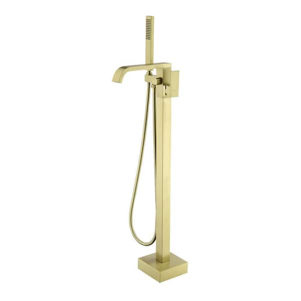 1-Handle Freestanding Tub Faucet with Handheld Shower in Brushed Gold