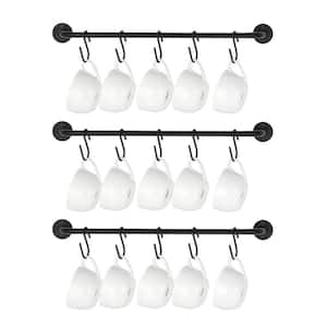 3-Pack 17 in. Black Wall Mounted Mug Holder with 15 Mug Hooks, Coffee Cup Rack Hanger, TeaCups Storage Organizer