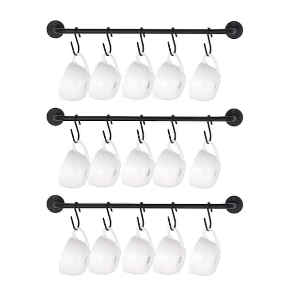 Numhew 3-Pack 17 in. Black Wall Mounted Mug Holder with 15 Mug Hooks, Coffee Cup Rack Hanger, TeaCups Storage Organizer
