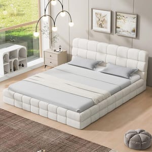 White Wood Frame Queen Size Berber Fleece Upholstered Platform Bed with Stitching Details