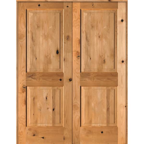 56 in. x 80 in. Rustic Knotty Alder 2-Panel Universal/Reversible Clear Stain Wood Double Prehung Interior Door