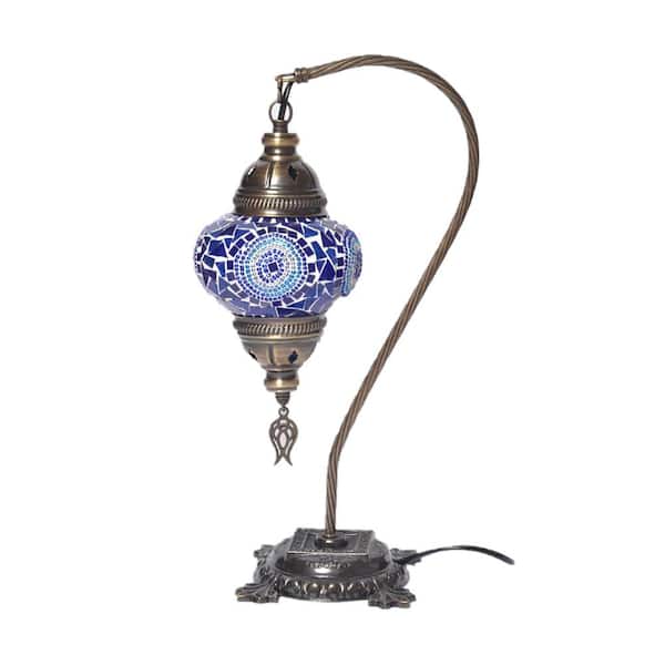 Unbranded 18 in. Brass Color Table Lamp in Azure Handmade Neck Brown Mosaic Glass with Metal Base