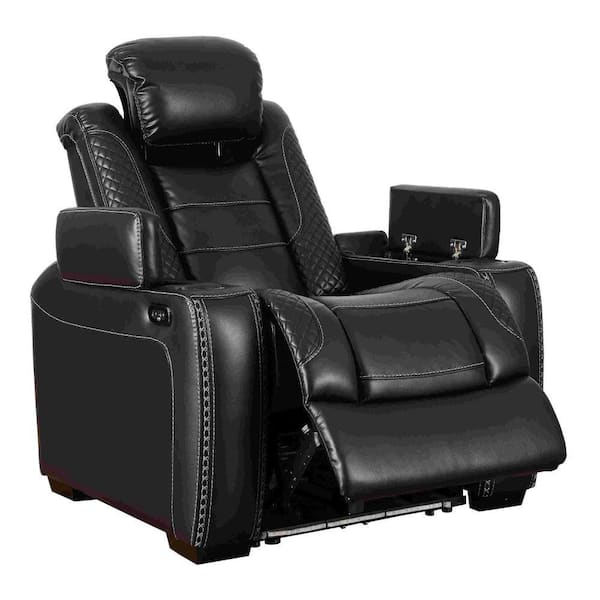 Benjara Black Faux Leather Power Recliner With Adjustable Headrest And 