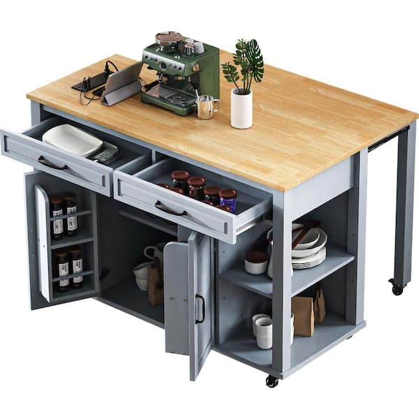 Lycvki Grey Blue Wood 47.2 in. Kitchen Island with Internal Storage Rack, Power Outlet, Extendable Dining Table