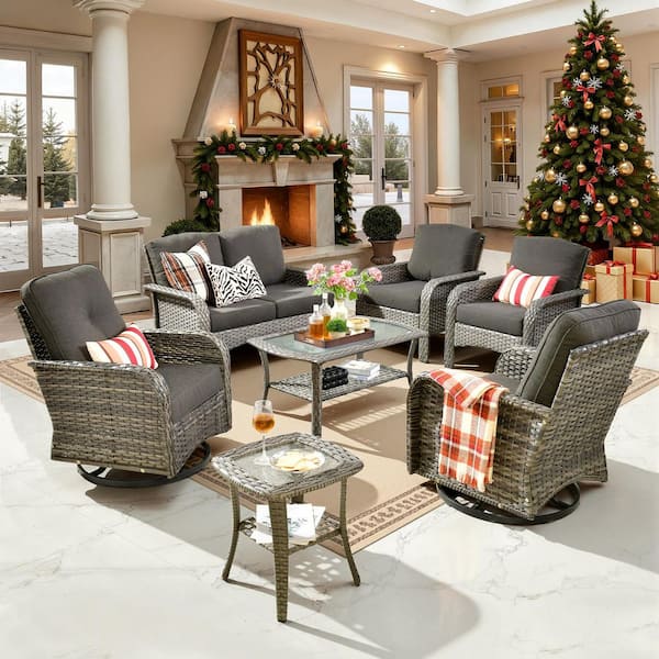 Denali Gray 7-Piece Modern Wicker Patio Conversation Sofa Seating Swivel Rocking Chairs Set with Black Cushions