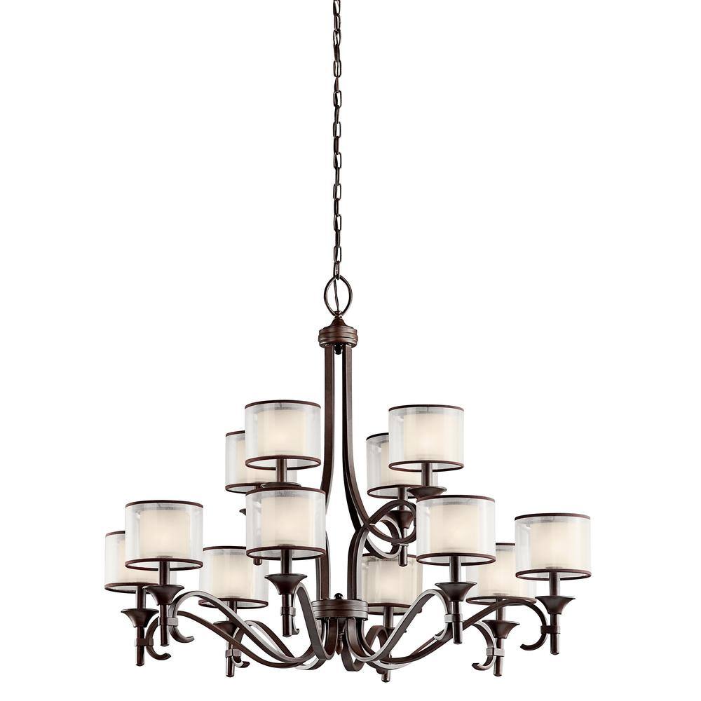 Mission Bronze 12-Light Drum Chandelier with Satin Etched Glass
