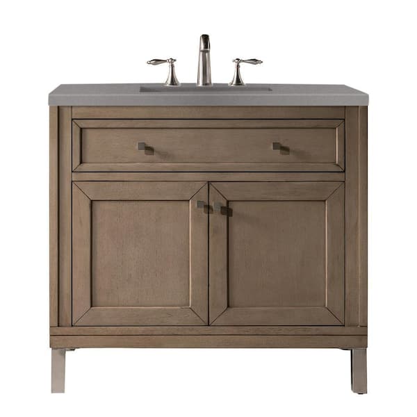 James Martin Vanities Chicago 36 in.W x 23.5 in.D x 33.8 in.H Single Bath Vanity in Whitewashed Walnut with Quartz Top in Grey Expo
